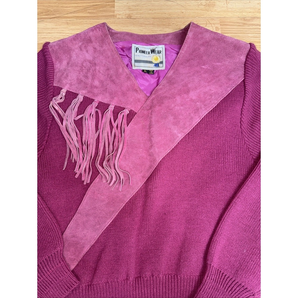 Vtg Pioneer Wear Sweater Fringe Leather‎ Western  Country Pink Concert Sz XL - Picture 3 of 5